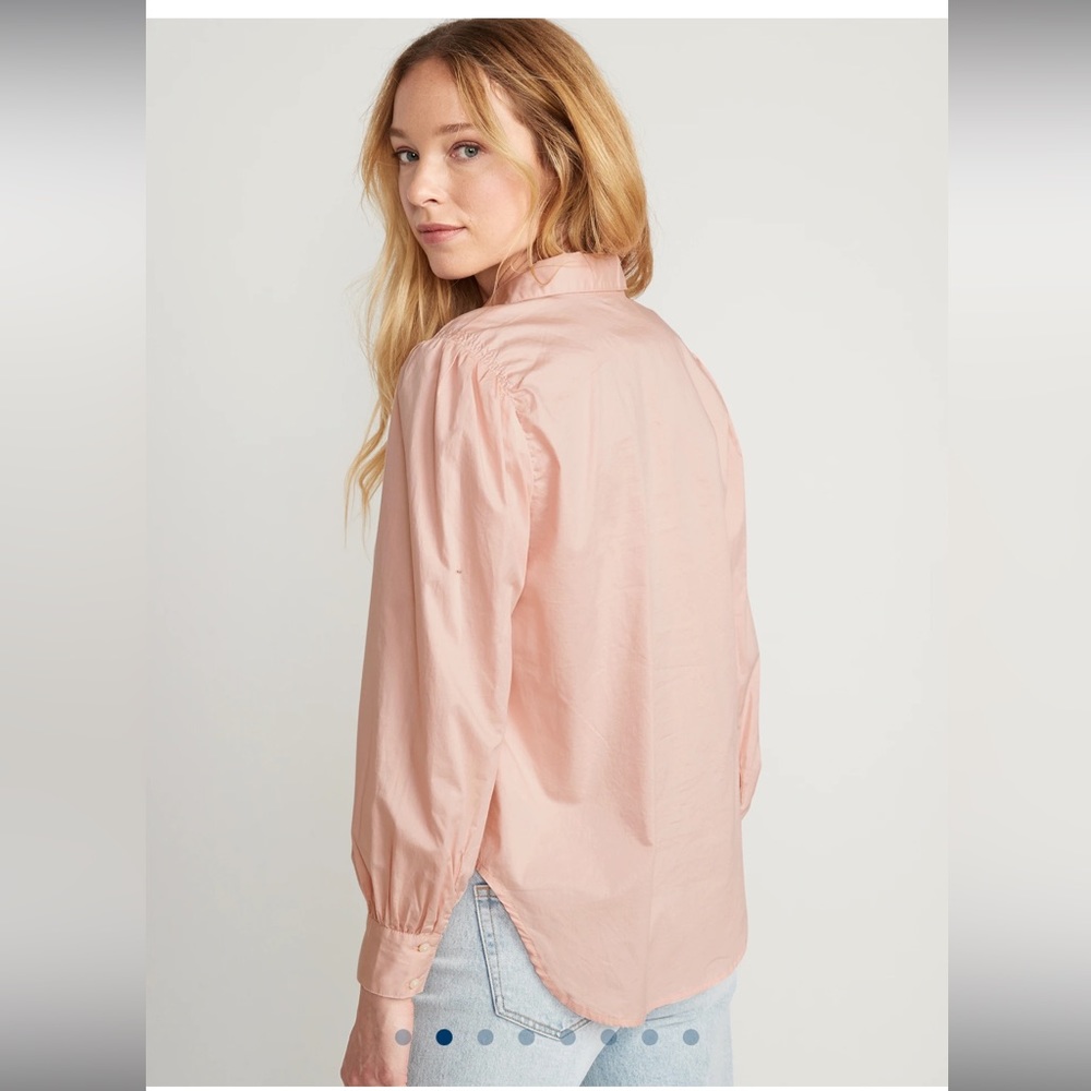 OLD NAVY Salmon Pink Long-Sleeve Smocked Cotton Poplin Button Down Blouse Shirt - Picture 2 of 13